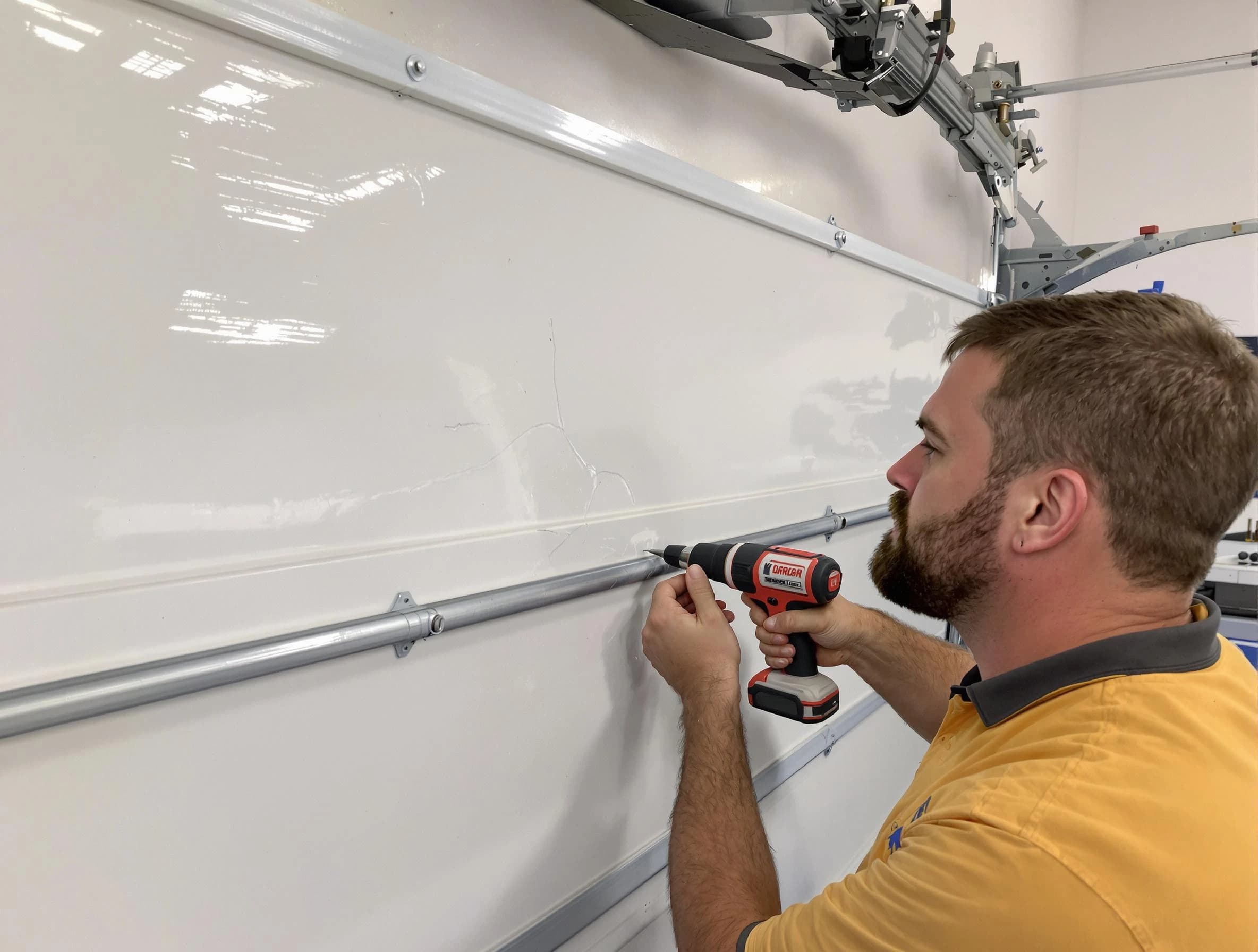 San Tan Valley Garage Door Repair expert performing dent repair on garage door in San Tan Valley