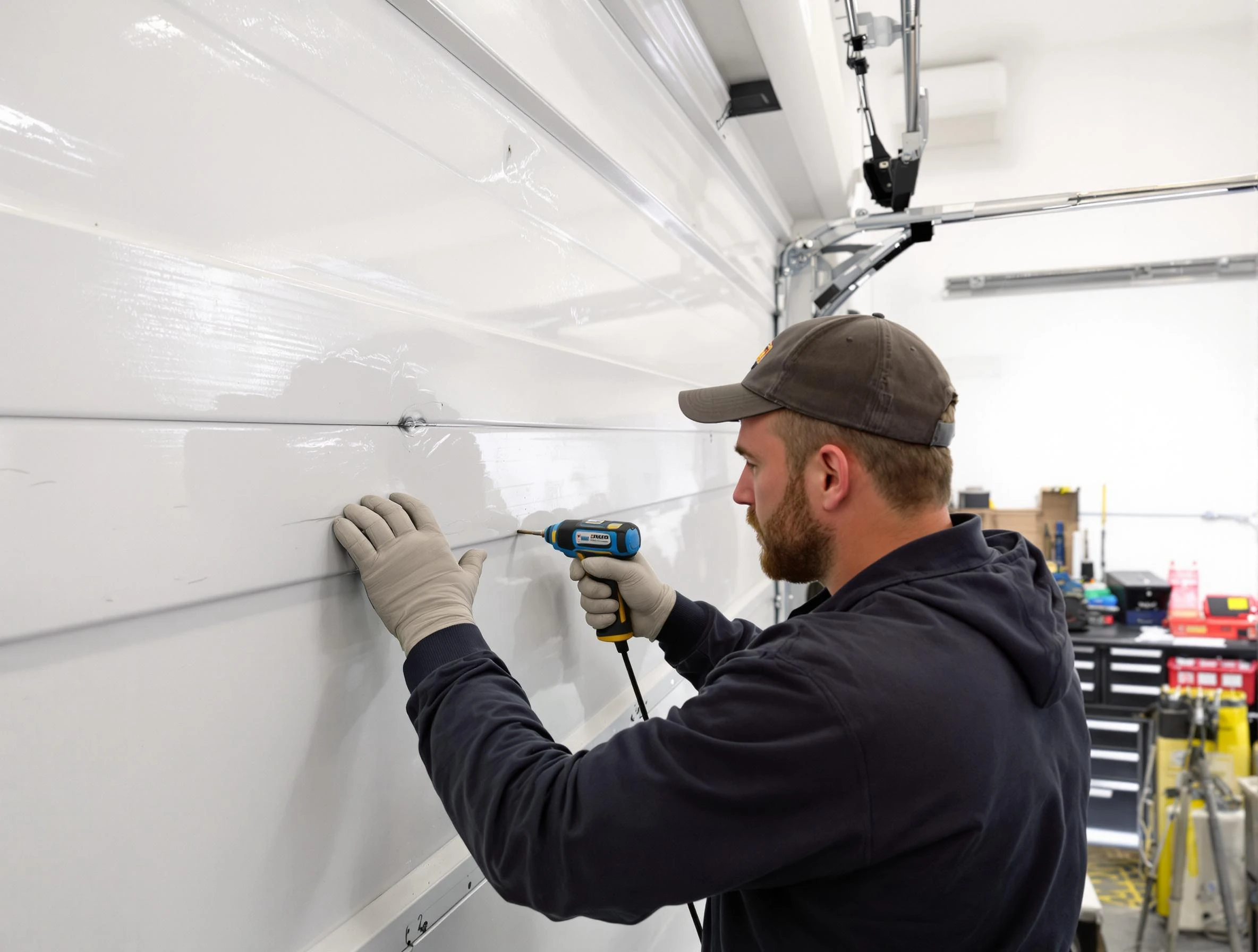 San Tan Valley Garage Door Repair technician demonstrating precision dent removal techniques on a San Tan Valley garage door